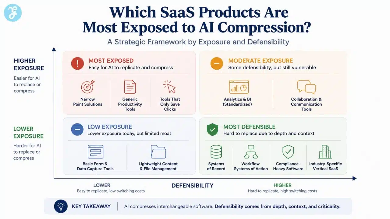 Infographic showing which SaaS products are most exposed to AI compression by exposure and defensibility.