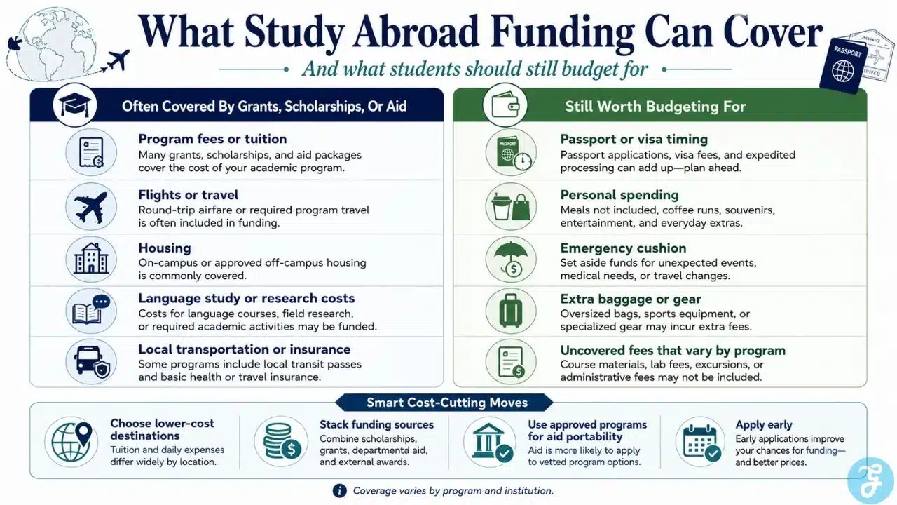 Infographic helping U.S. students choose the right funded study abroad path based on eligibility, including Pell Grant undergraduates, military dependents, language-focused students, graduate researchers, recent graduates, and high school students.