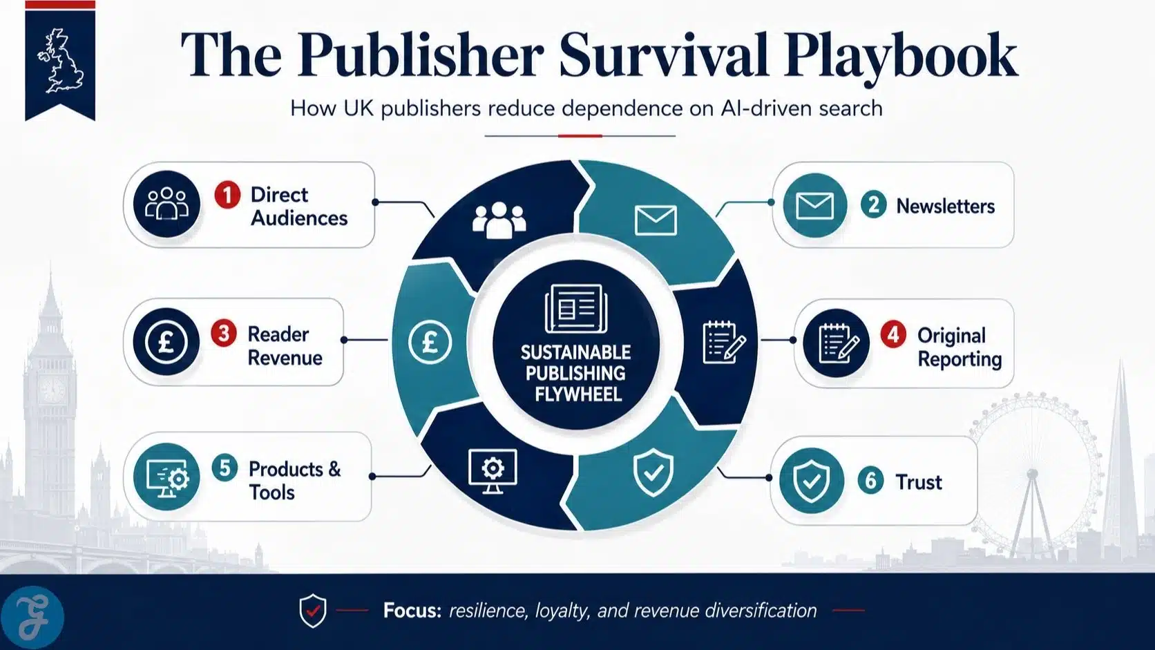 Infographic explaining the sustainable publishing playbook for UK publishers, highlighting direct audiences, newsletters, reader revenue, original reporting, products and tools, and trust as key survival strategies.