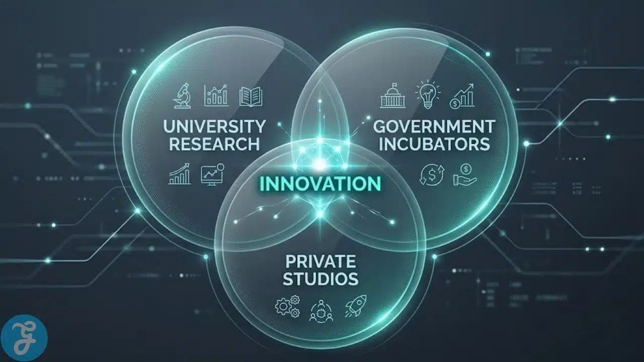 Conceptual diagram showing the synergy between Universities, Incubators, and Studios in the Swedish gaming ecosystem.