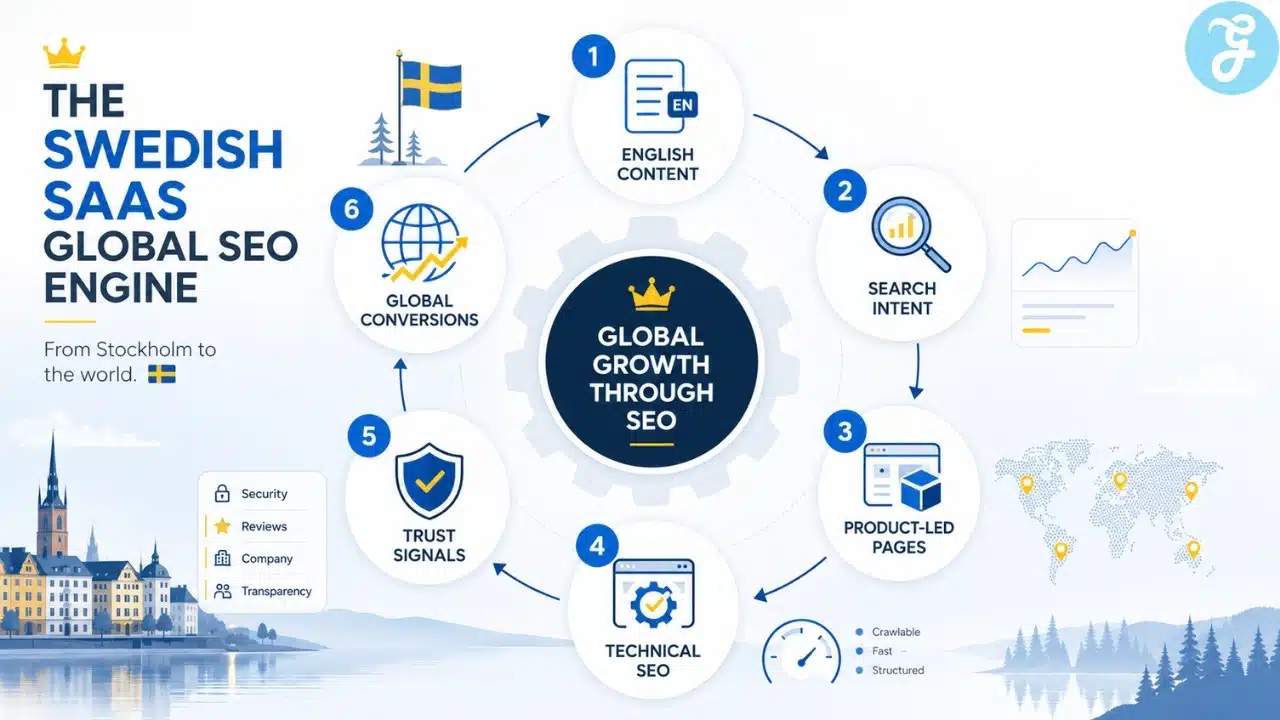Clean infographic showing the Swedish SaaS global SEO engine, with English content, search intent, product-led pages, technical SEO, trust signals, and global conversions.