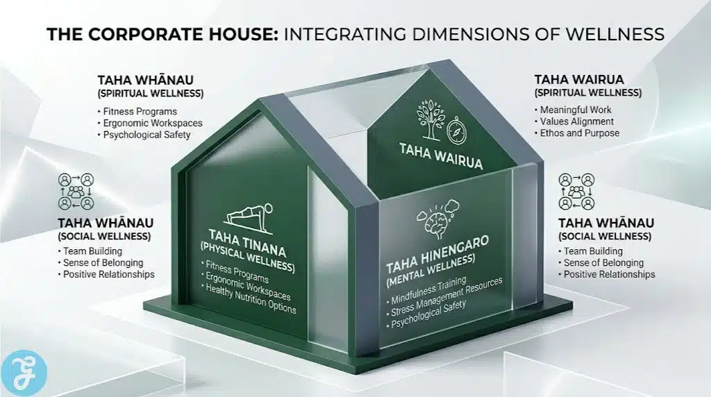 Infographic of the Te Whare Tapa Whā model applied to corporate health and wellbeing.