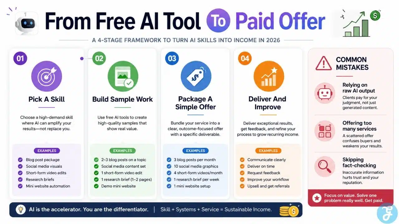 Infographic explaining how to turn free AI tools into a paid offer, showing a simple four-stage framework from choosing a skill and building sample work to packaging a service and improving delivery.