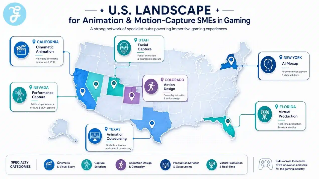 Map-style infographic showing major U.S. hubs for animation and motion capture SMEs in gaming, including California, Nevada, Texas, Utah, Colorado, New York, and Florida.