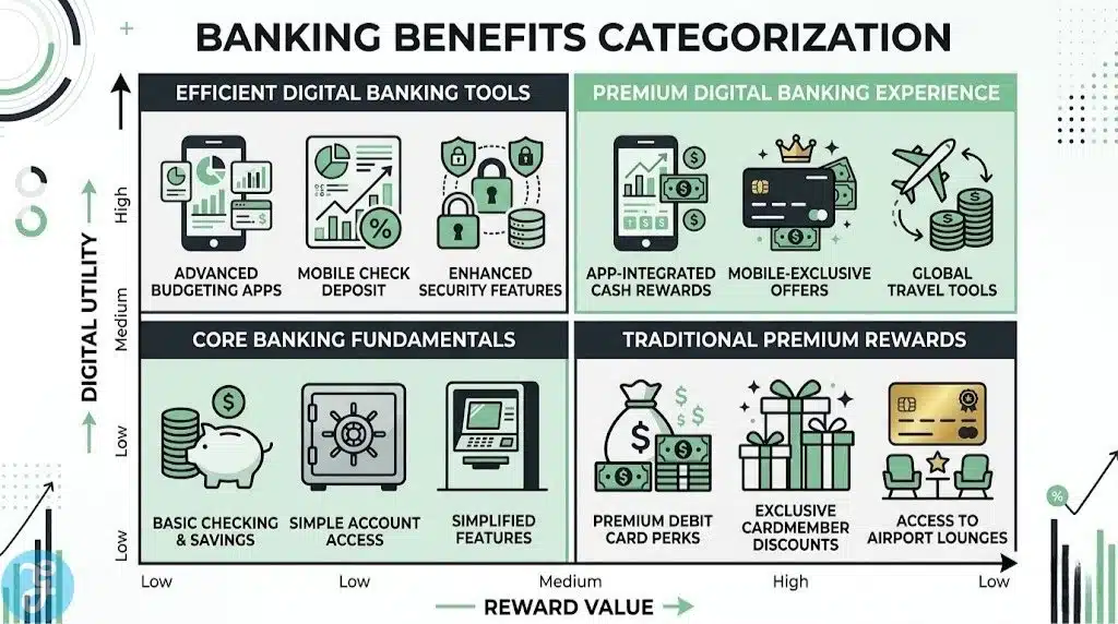 Matrix comparing UK bank accounts by reward value and digital utility.
