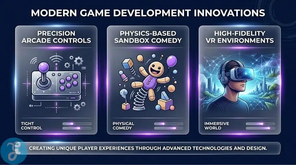 Infographic showing the core pillars of the UK indie gaming scene: Arcade Action, Physics Comedy, and VR Immersion.