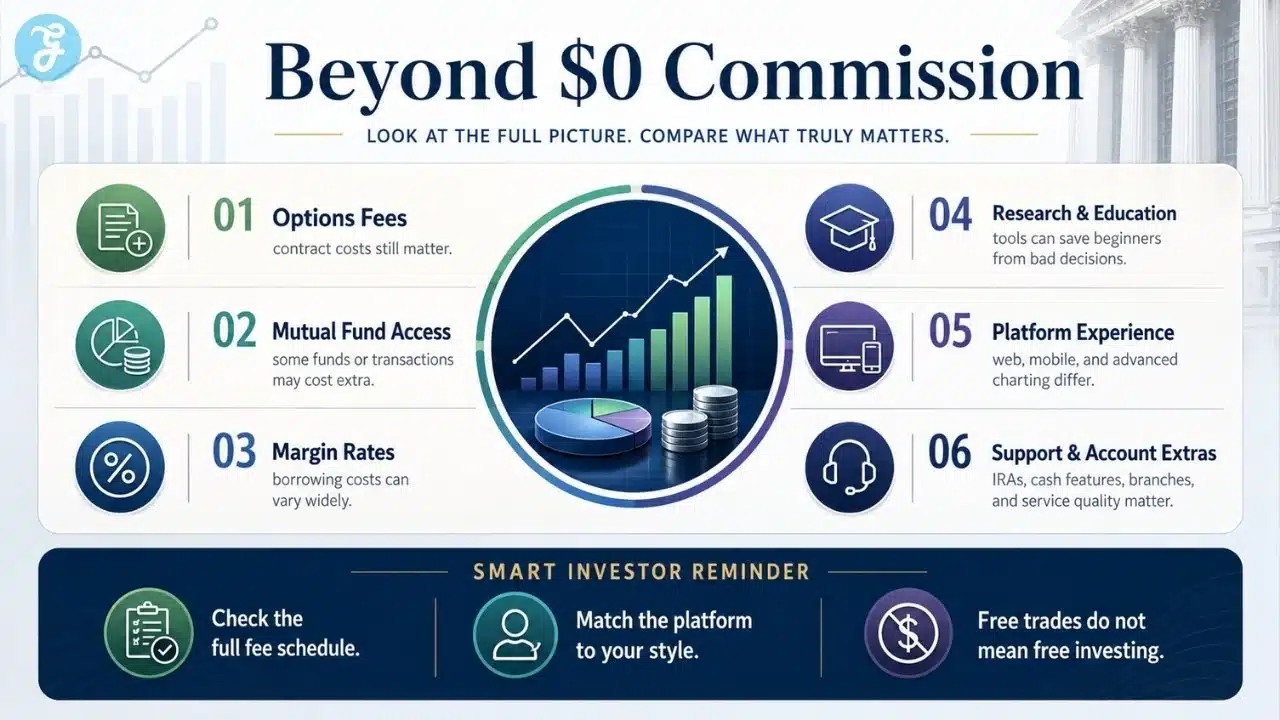 Infographic explaining what investors should compare beyond zero-dollar commissions, including options fees, mutual fund access, margin rates, research tools, platform experience, support, and account extras.