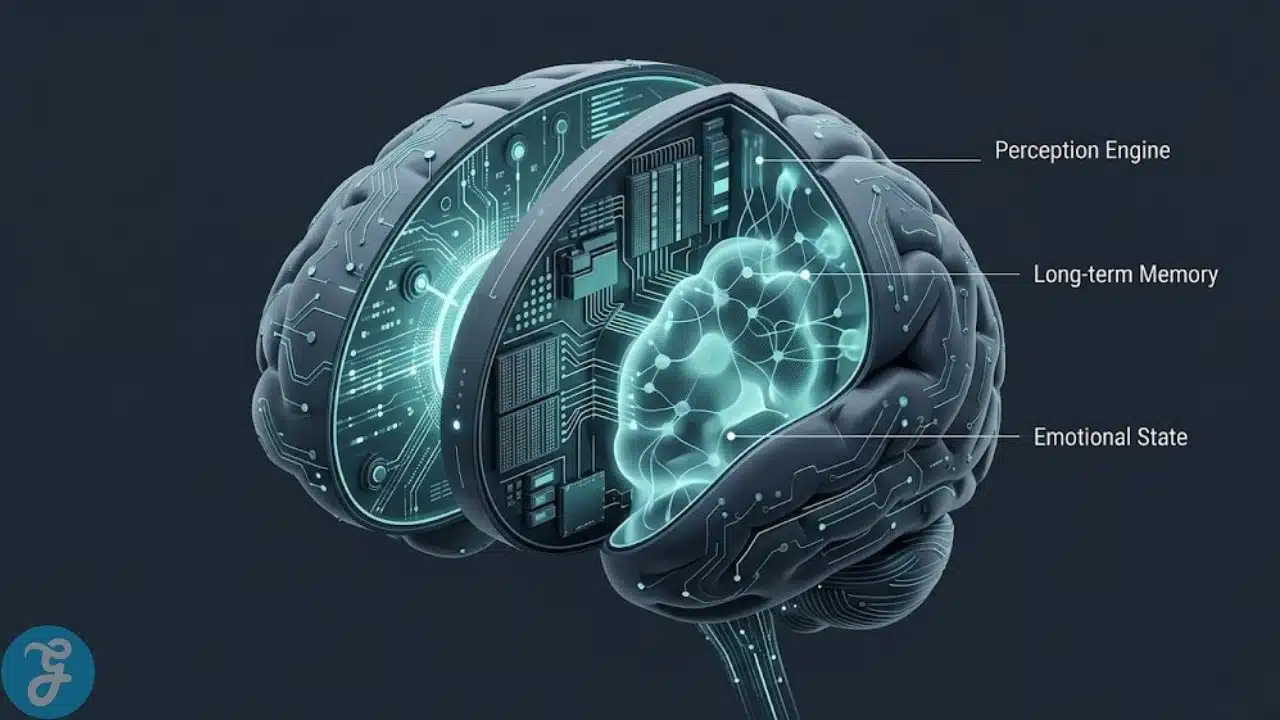 Infographic detailing the layers of an AI NPC mind including perception, memory, and emotional state.