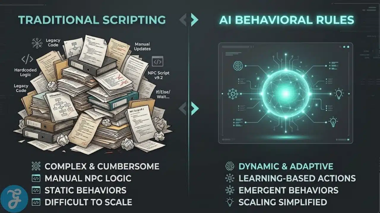 Visualizing the shift from writing 10,000 script lines to defining 5 core AI behavioral rules.