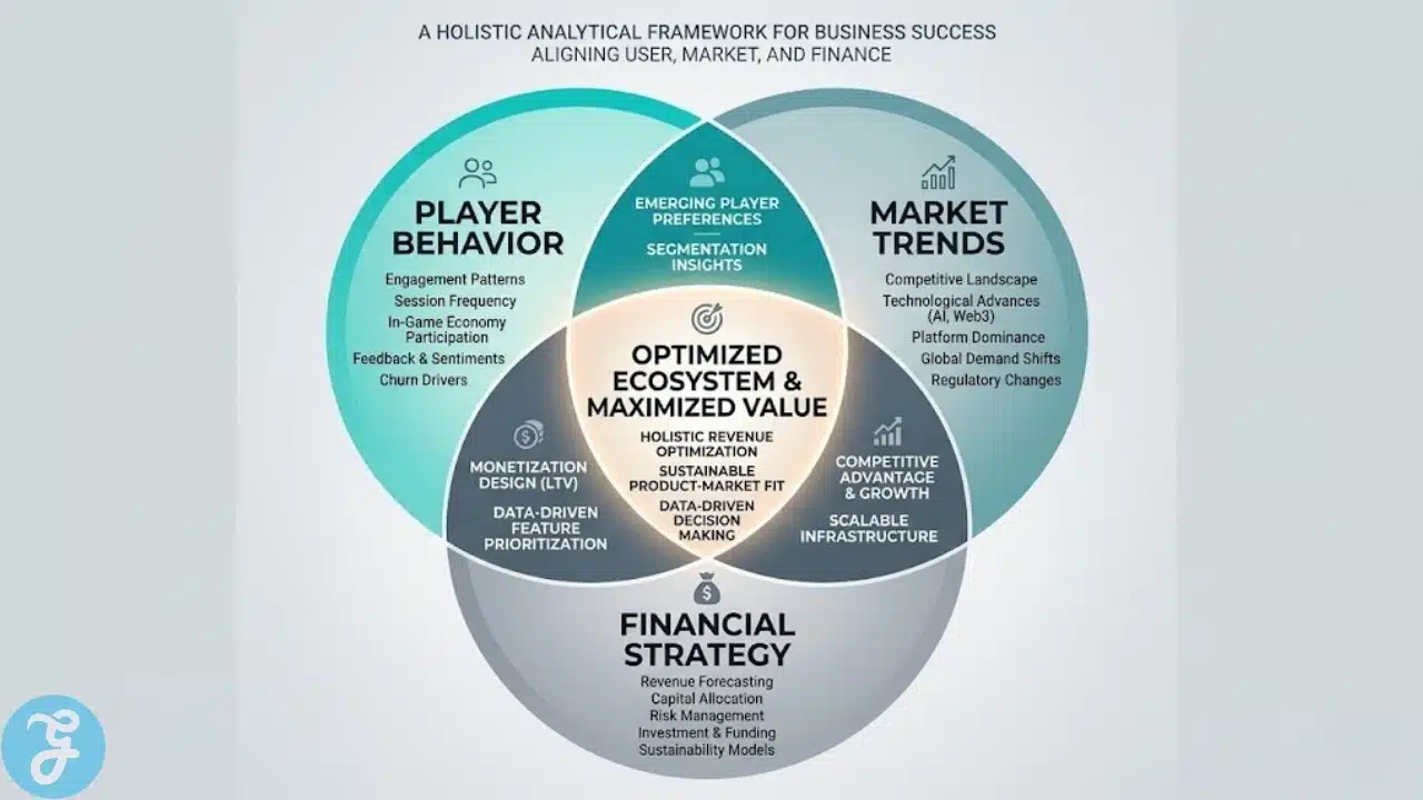 Venn diagram showing the overlap of Player Behavior, Market Trends, and Financial Strategy in game analysis.