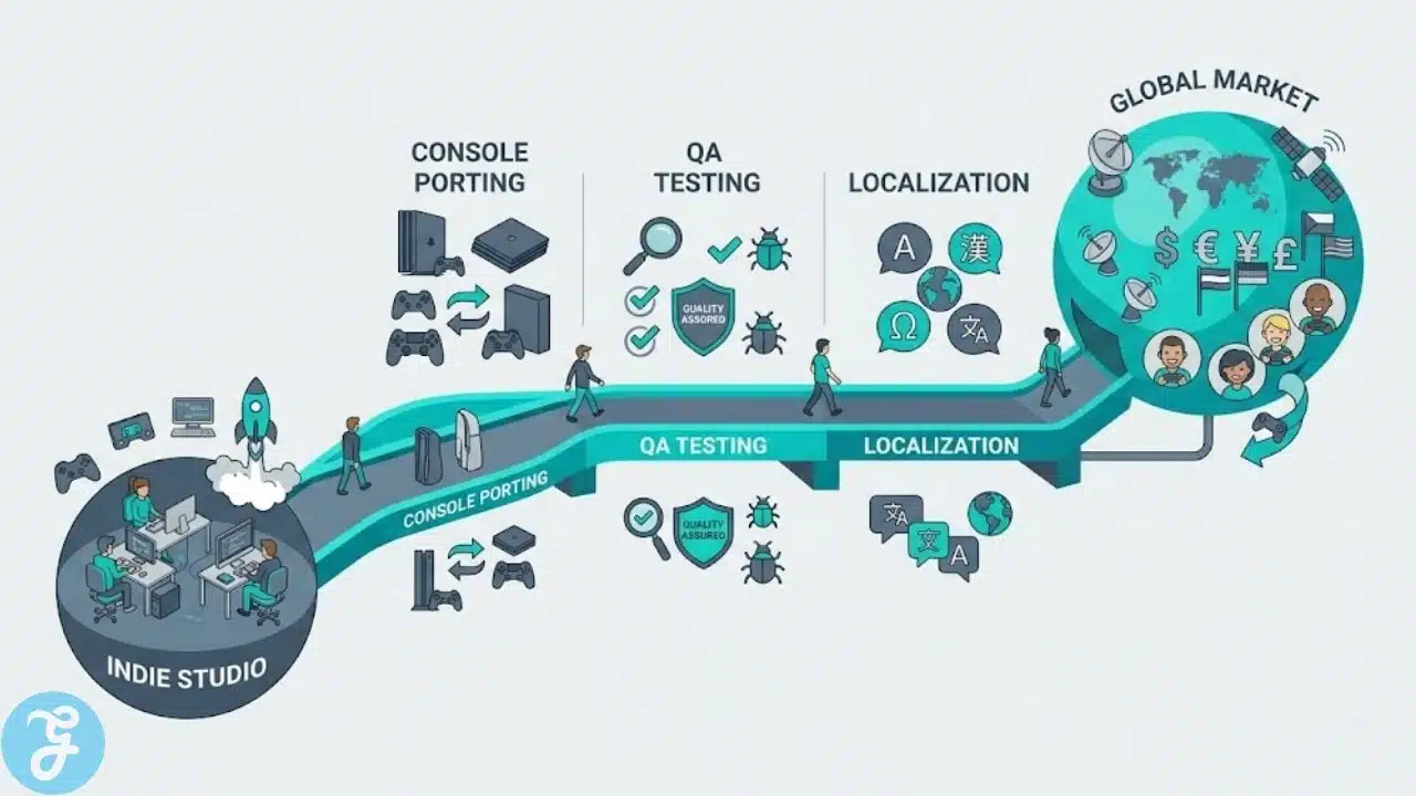 Infographic showing the bridge of services provided by USA game publishing SMEs to bridge the gap to global markets.