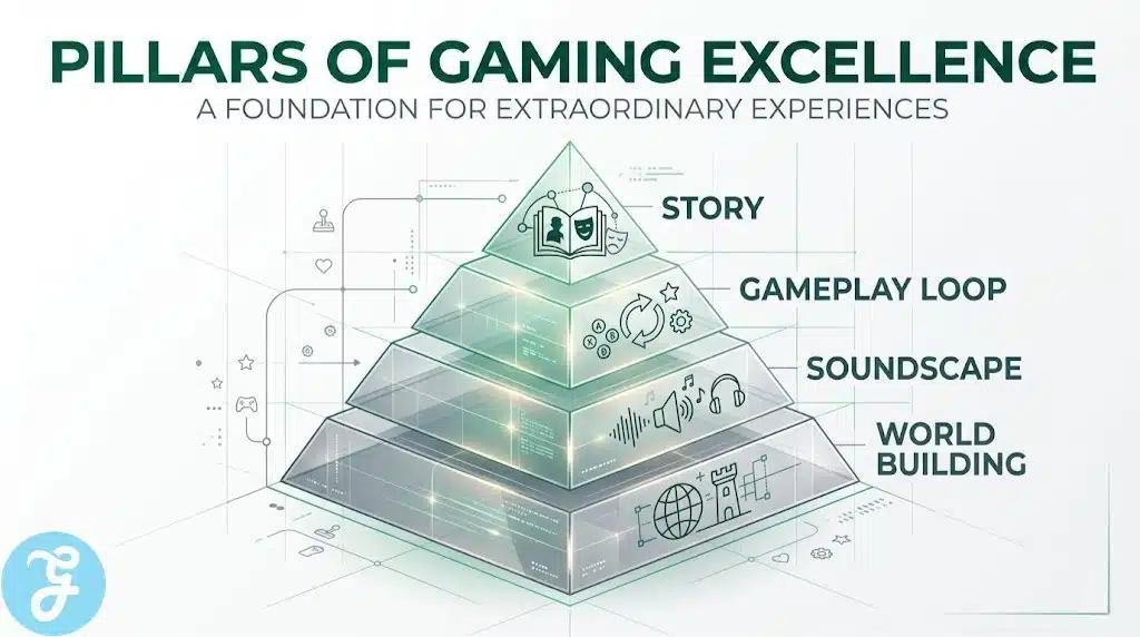 A hierarchical infographic showing the layers of game design that create an essential "must-play" experience.