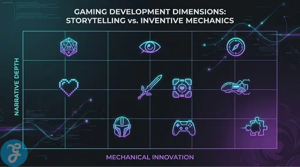A quadrant infographic mapping 10 essential video games based on their narrative depth and mechanical innovation.