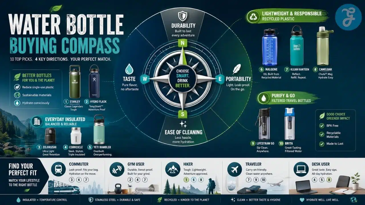 Creative buying guide infographic for choosing eco-friendly water bottles, using a compass-style layout to compare durability, taste, portability, cleaning ease, materials, and lifestyle fit.