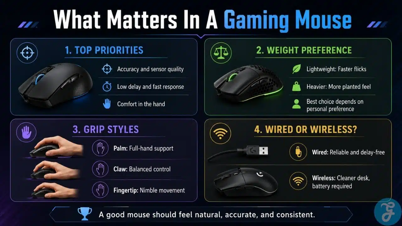 Gaming mouse guide showing accuracy, response time, grip styles, weight, and wired vs wireless choice