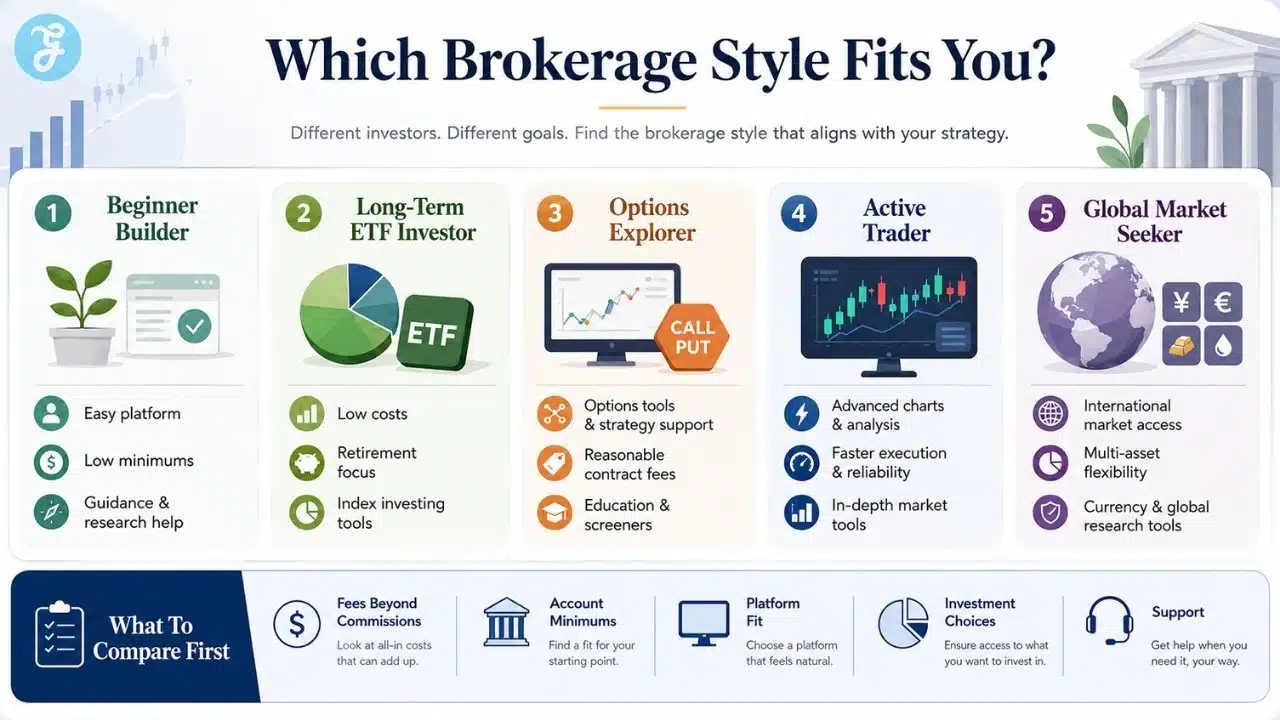 Infographic helping investors choose the right US Brokerage Accounts by investing style, including beginner builder, long-term ETF investor, options explorer, active trader, and global market seeker.