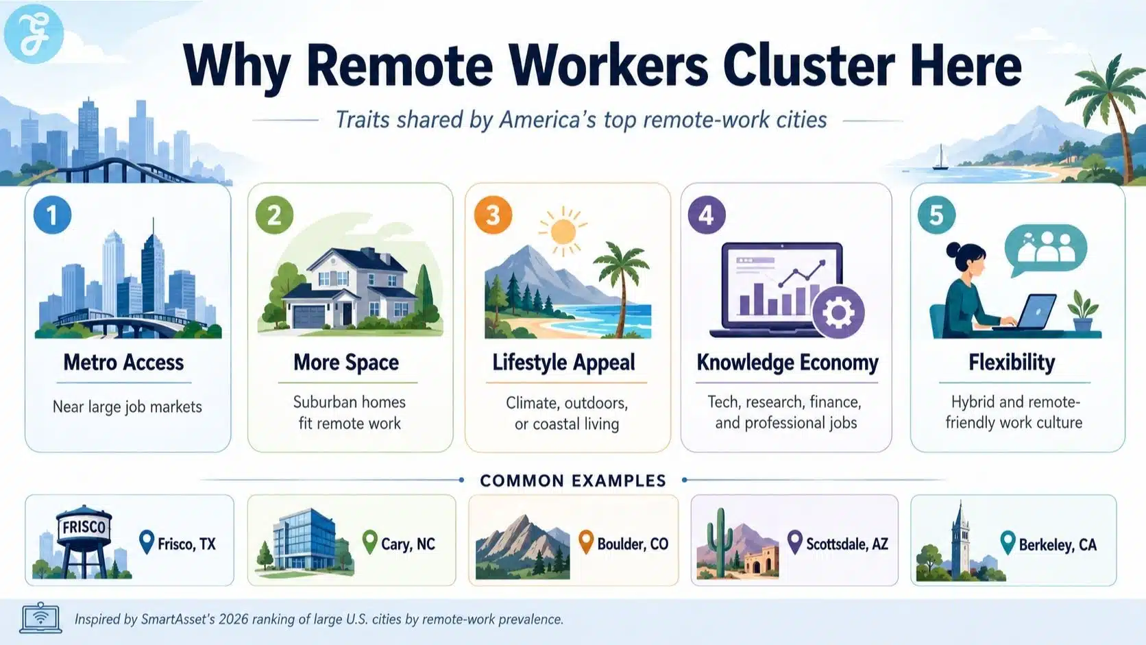Infographic explaining why remote workers cluster in certain US cities, highlighting metro access, more space, lifestyle appeal, knowledge economy jobs, and flexible work culture.