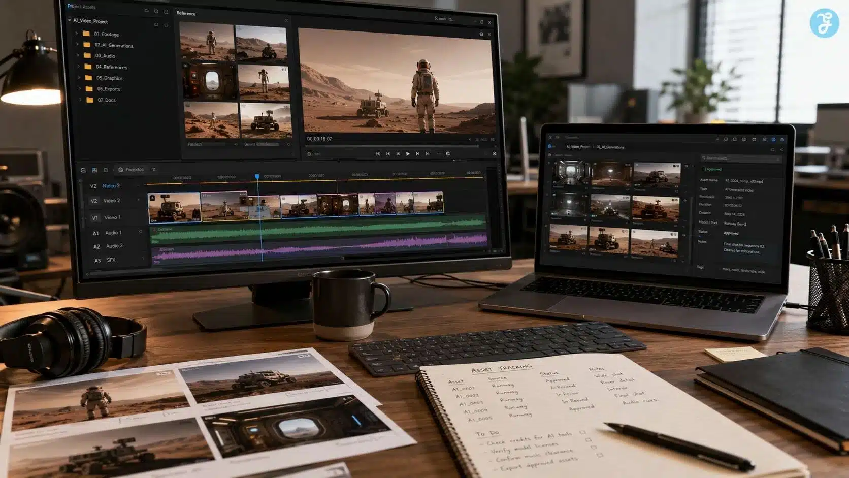 AI video asset review desk with editing timeline and copyright notes