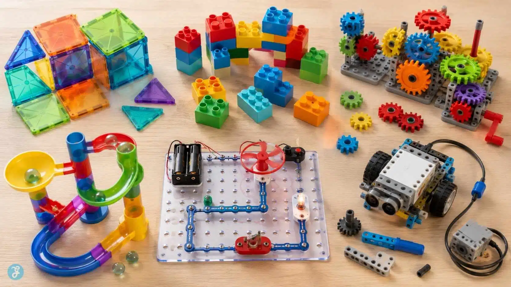 Different STEM building toys for kids arranged by age and skill level