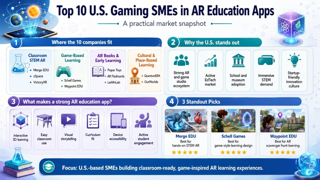 Infographic showing top U.S. gaming SMEs in AR Education Apps, with company categories, market strengths, key app features, and standout picks.