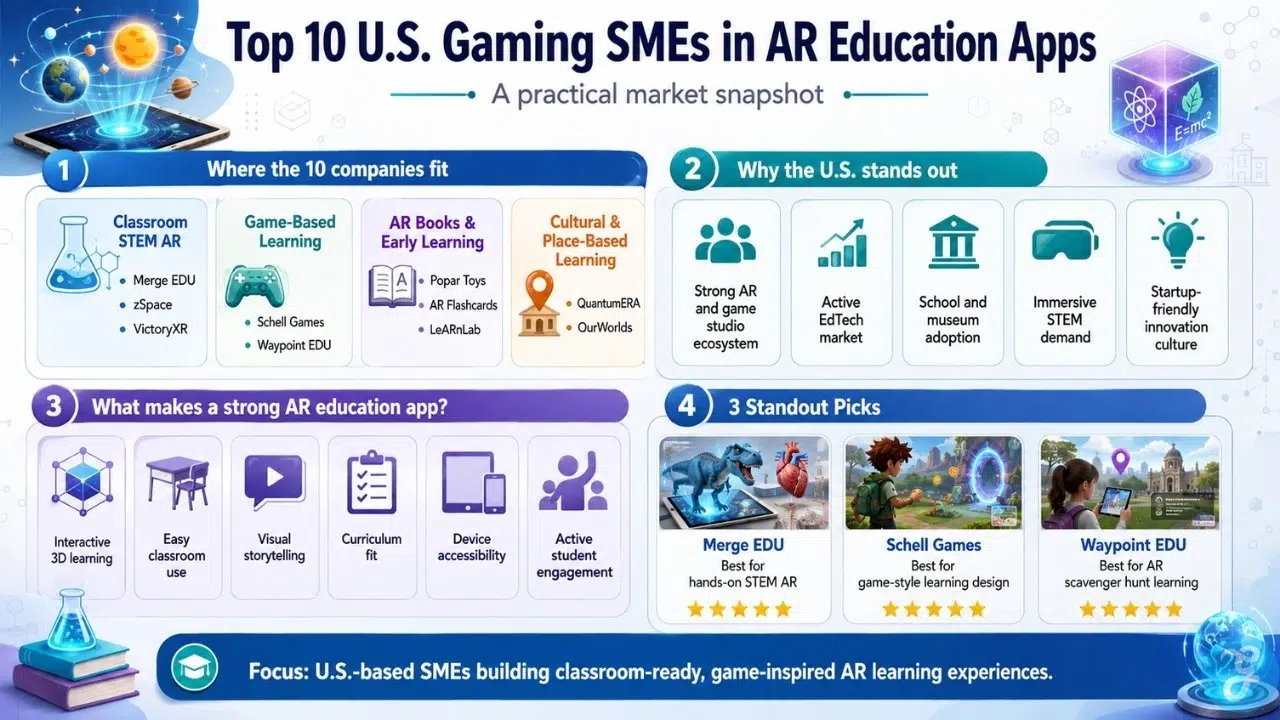 Infographic showing top U.S. gaming SMEs in AR Education Apps, with company categories, market strengths, key app features, and standout picks.