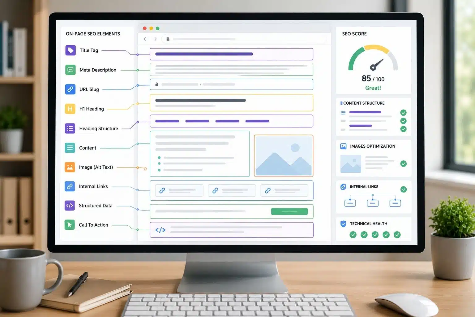 Webpage layout showing highlighted on-page SEO elements
