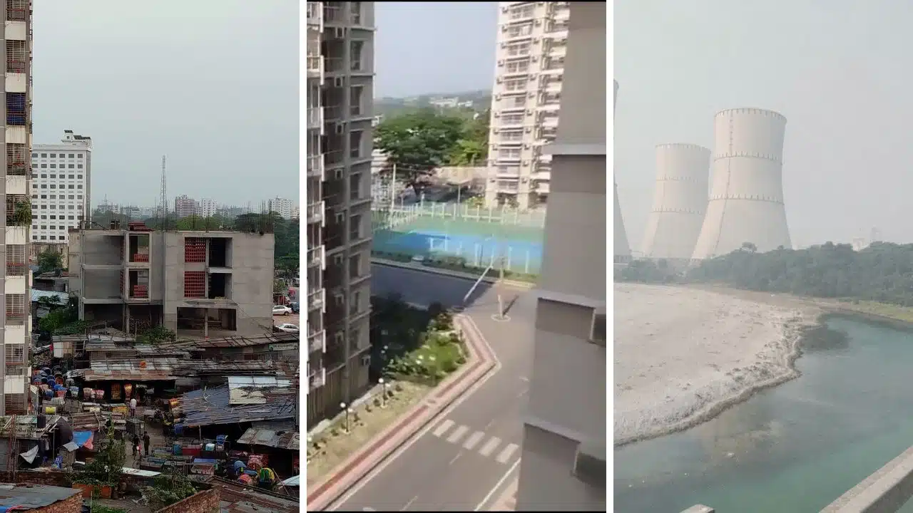 World Environment Day 2026 Travelogue: Left- the Dhaka SKy from my window; Middle- Green City view from the balcony where I lived in Rooppur; Right- Rooppur Nuclear Power Plant