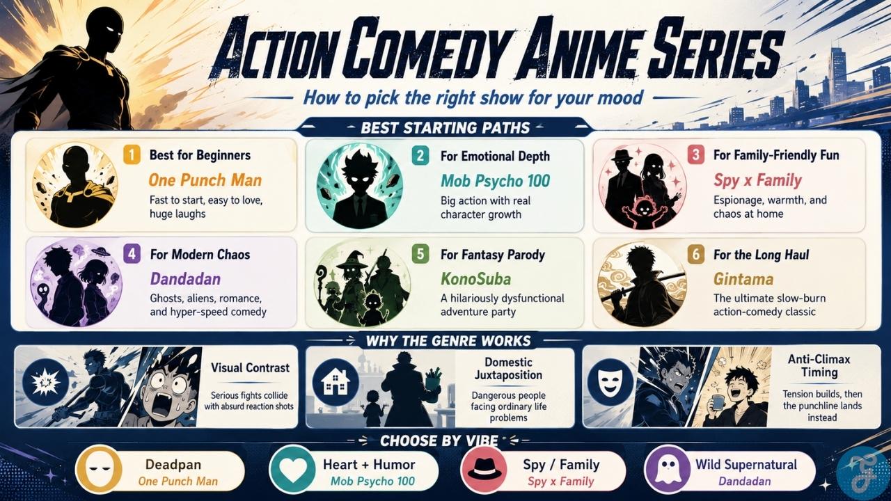 Action comedy anime series infographic showing viewer paths by mood, genre style, humor type, and beginner friendly watch routes