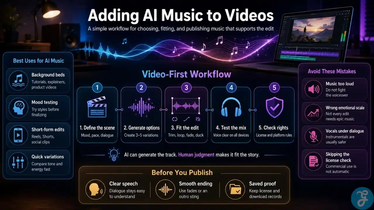 Infographic showing a video-first workflow for adding AI music to videos, including use cases, mixing checks, rights review, and common mistakes.