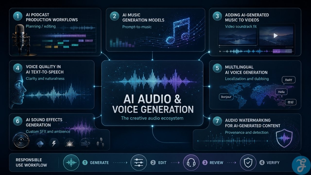 Infographic mapping the AI audio and voice generation ecosystem, including podcast workflows, AI music, TTS quality, multilingual voice, sound effects, and watermarking.