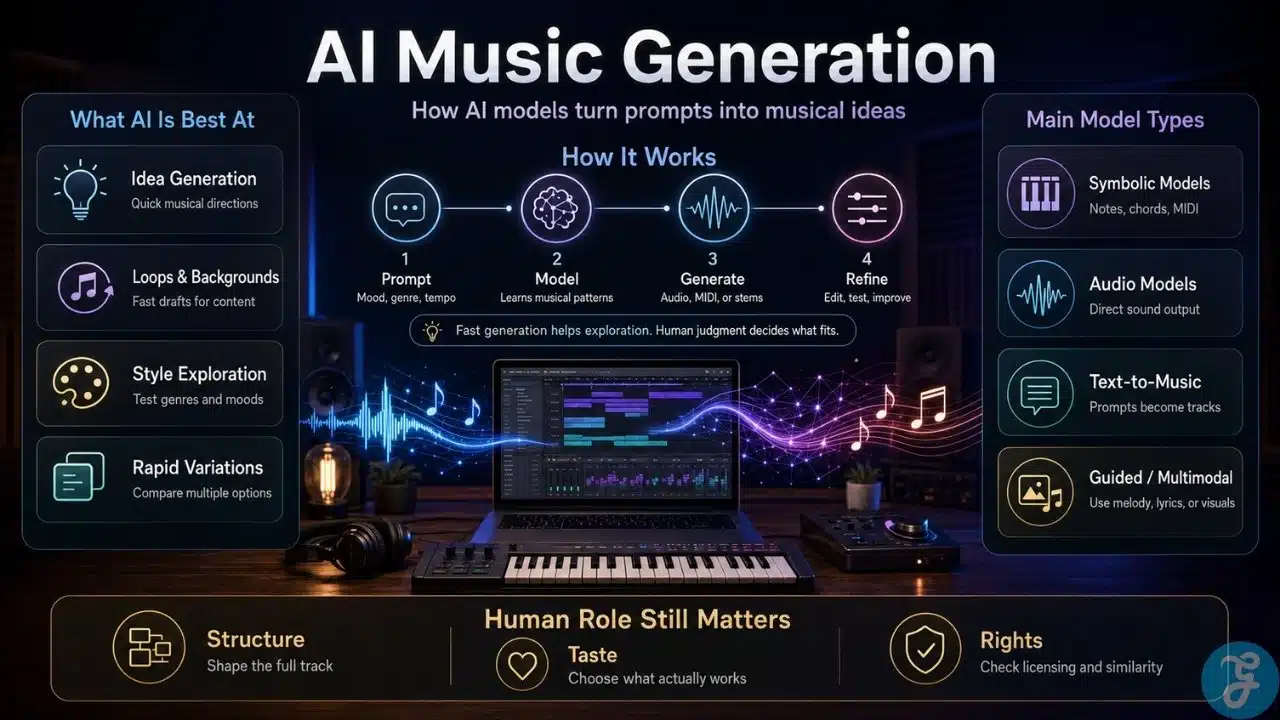 Infographic explaining AI music generation, including model types, workflow steps, creative uses, and human review areas.