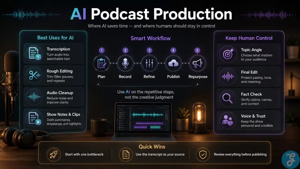 Infographic showing AI podcast production uses, workflow steps, human review areas, and quick tips for better podcast creation.