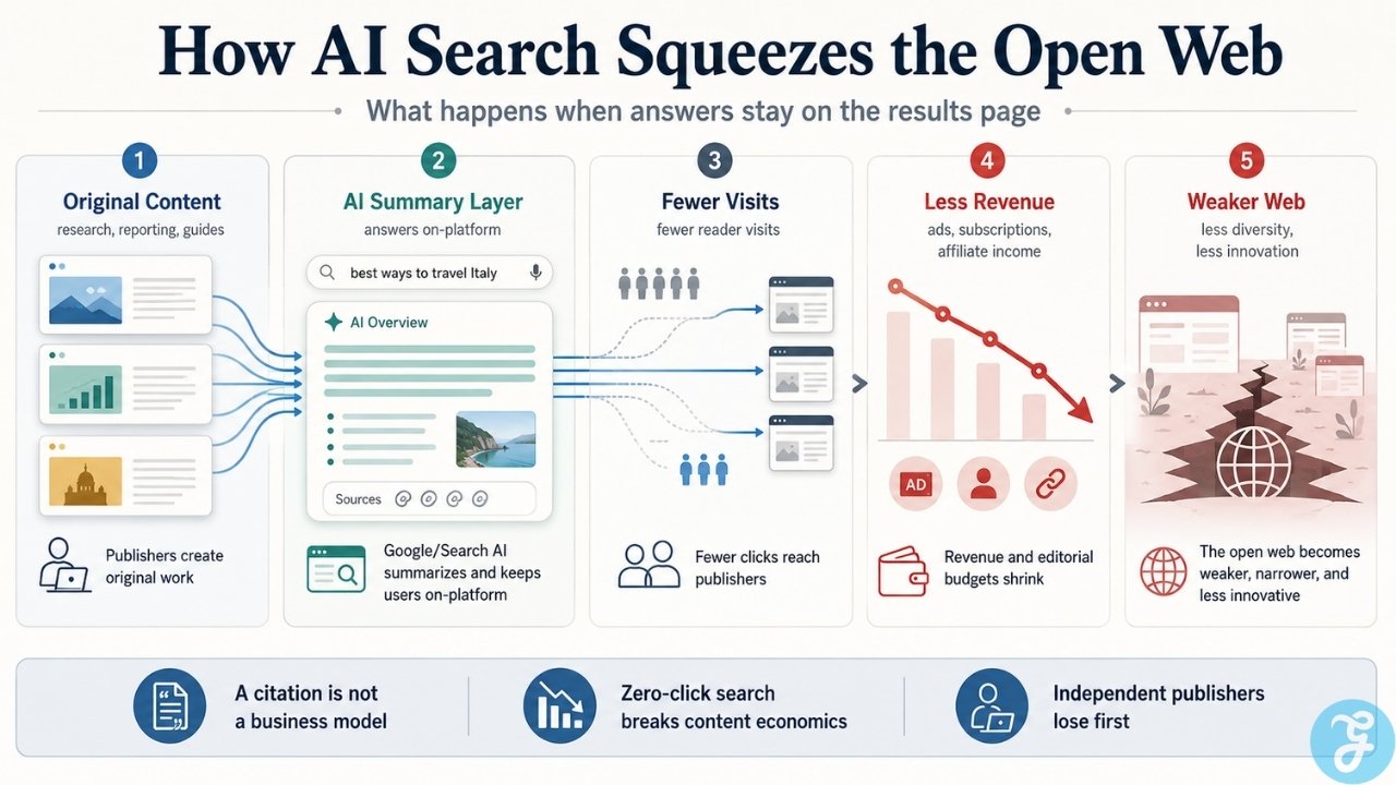 Infographic showing how AI search summarizes original publisher content, reduces website visits, shrinks revenue, and weakens the open web ecosystem.