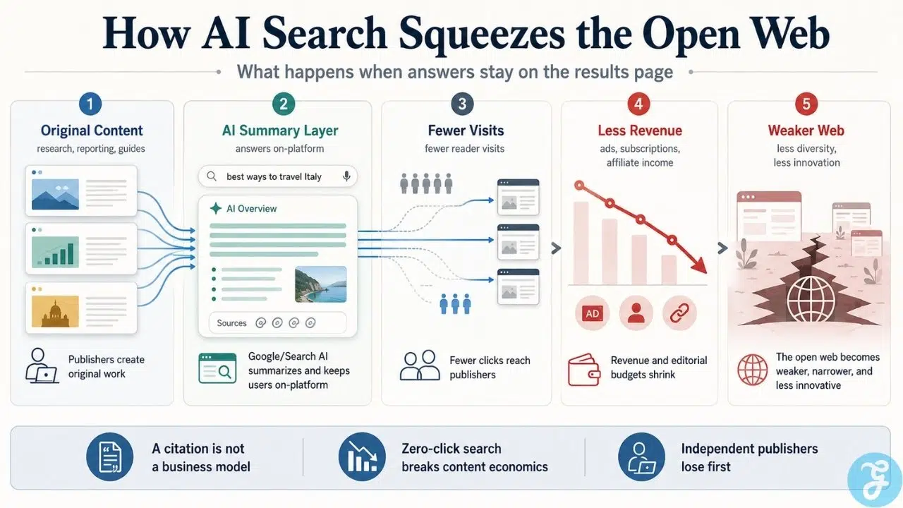 Infographic showing how AI search summarizes original publisher content, reduces website visits, shrinks revenue, and weakens the open web ecosystem.