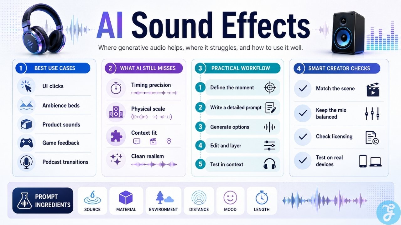 Infographic explaining AI sound effects use cases, common limitations, practical workflow steps, creator checks, and prompt ingredients.