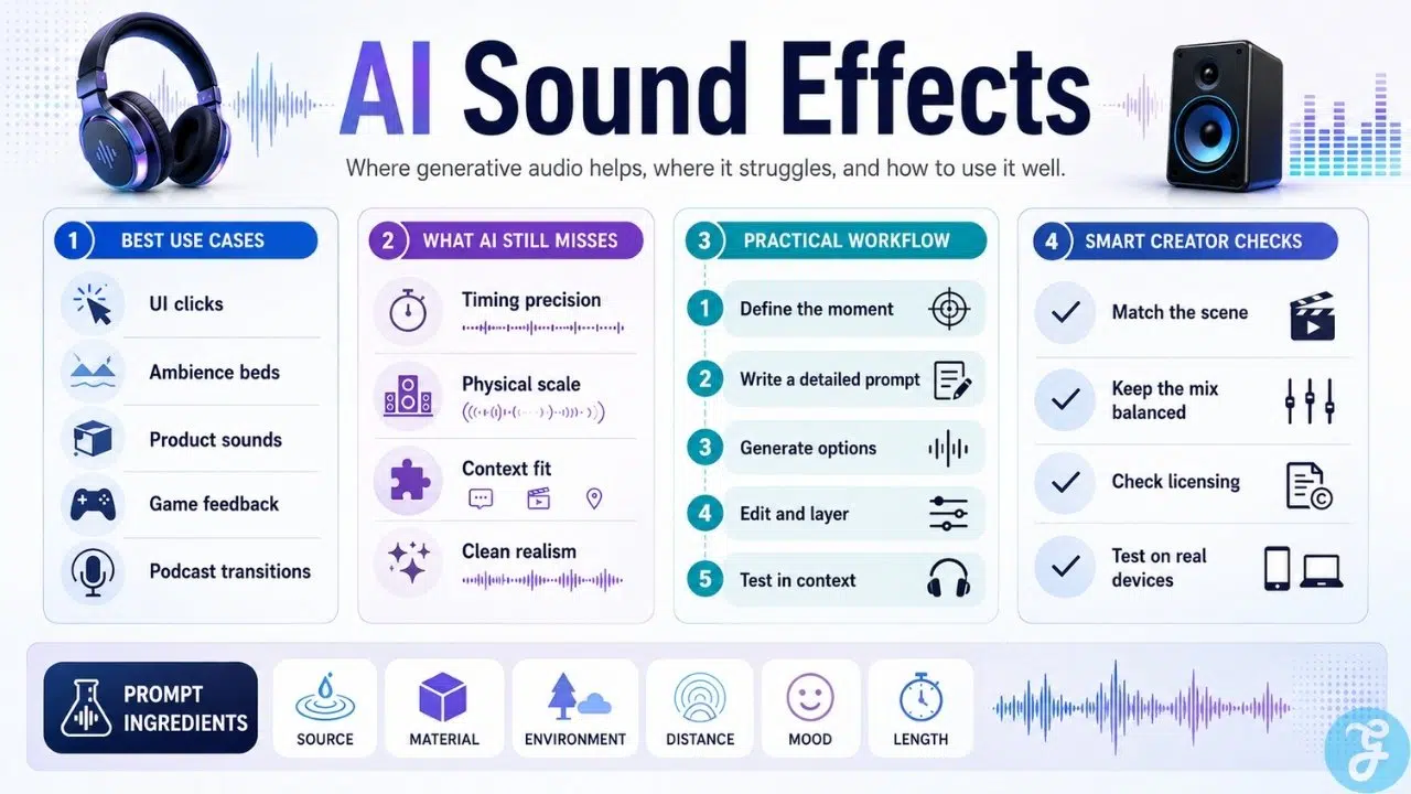 Infographic explaining AI sound effects use cases, common limitations, practical workflow steps, creator checks, and prompt ingredients.