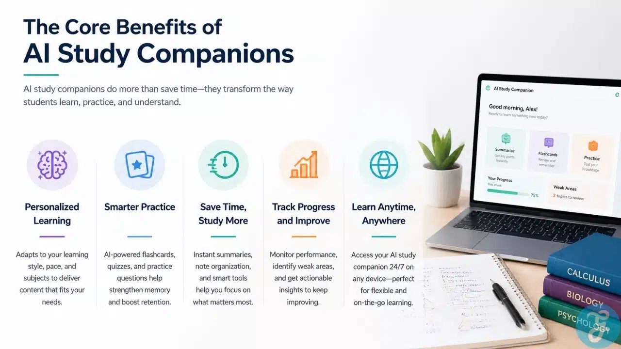 Infographic showing five core benefits of AI study companions with icons, pastel colors, and a desk scene with study materials