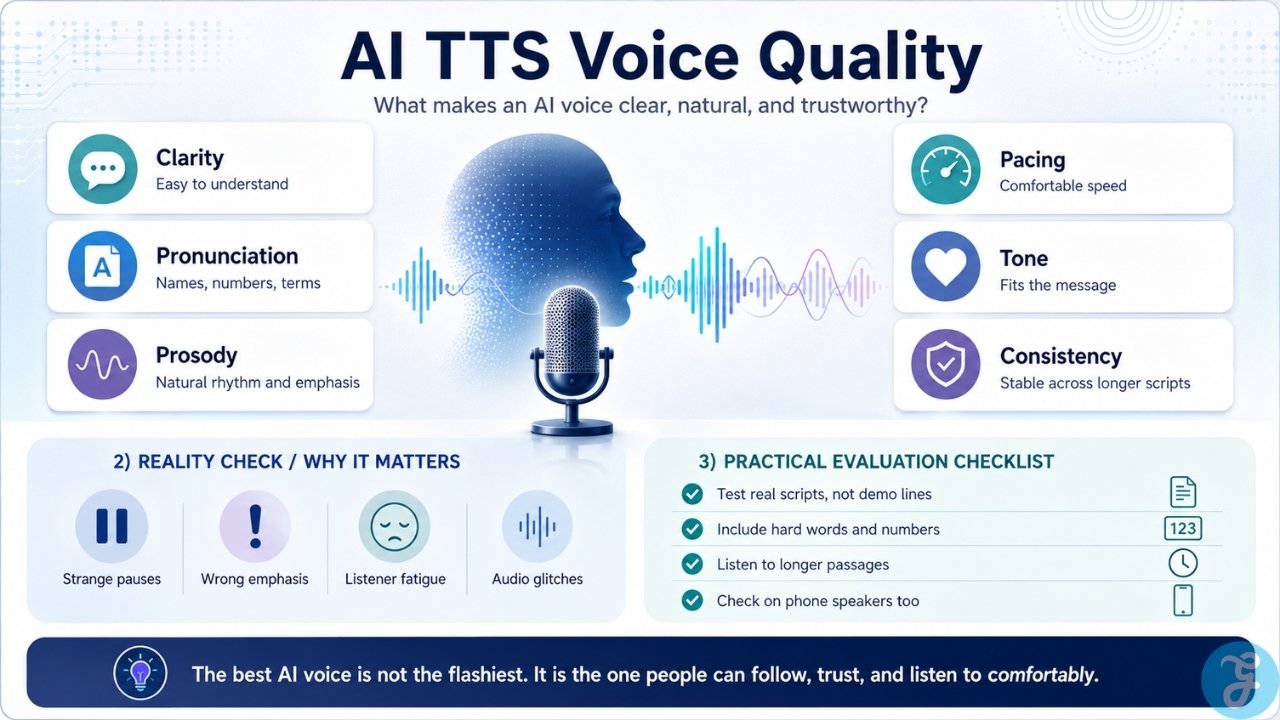 Infographic explaining AI TTS voice quality factors, including clarity, pronunciation, prosody, pacing, tone, consistency, and evaluation checks.