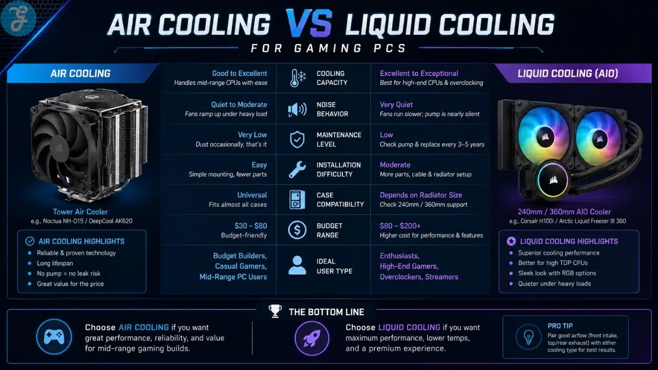 Infographic comparing air cooling and AIO liquid cooling for gaming PCs, showing performance, noise, installation, cost, and ideal use