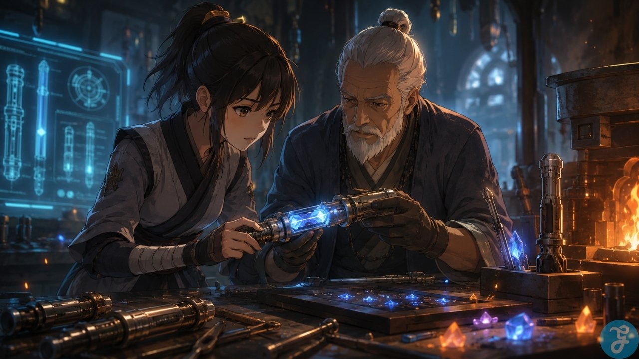 Anime Star Wars series body image showing a young apprentice and master crafting a glowing energy blade in a futuristic workshop
