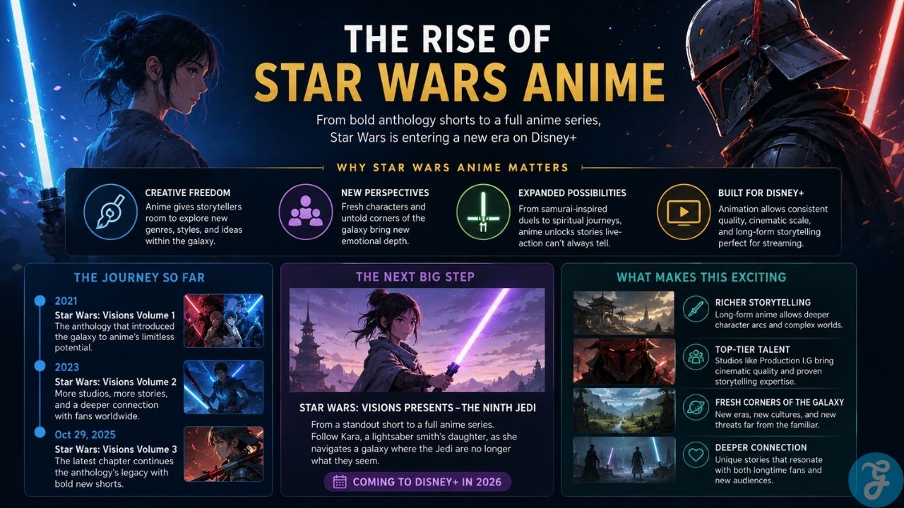 Infographic explaining the rise of Star Wars anime from Star Wars Visions Volume 3 to The Ninth Jedi full anime series on Disney Plus Image Name: