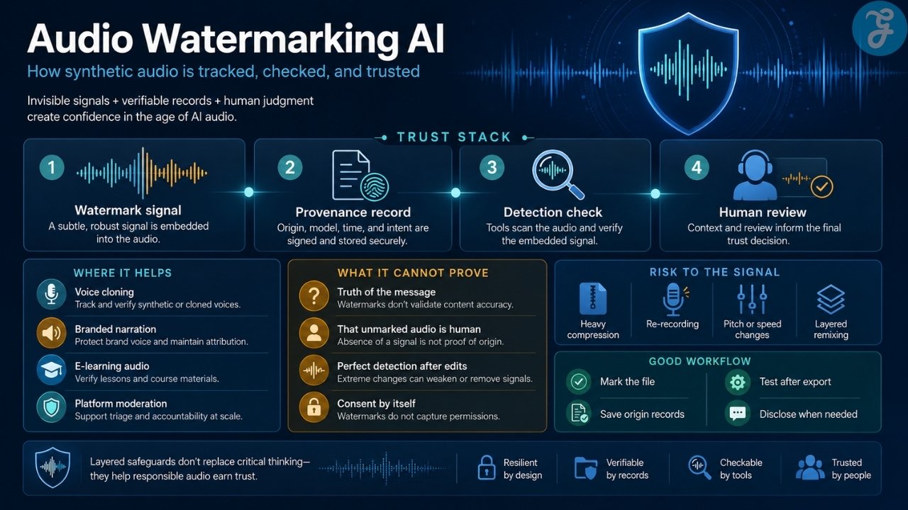 Infographic explaining audio watermarking AI, including watermark signals, provenance records, detection checks, human review, risks, and workflow steps.