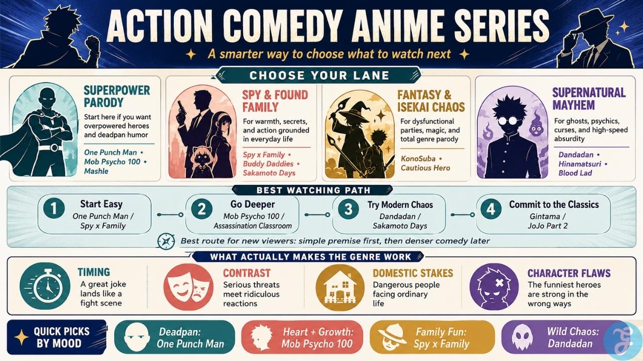 Action comedy anime series infographic explaining how to choose anime by superpower parody, spy family comedy, fantasy chaos, and supernatural mayhem