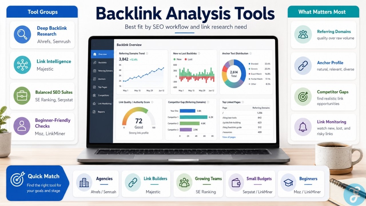 Infographic comparing the best backlink analysis tools by SEO workflow, including deep backlink research, link intelligence, SEO suites, beginner checks, and backlink monitoring priorities.