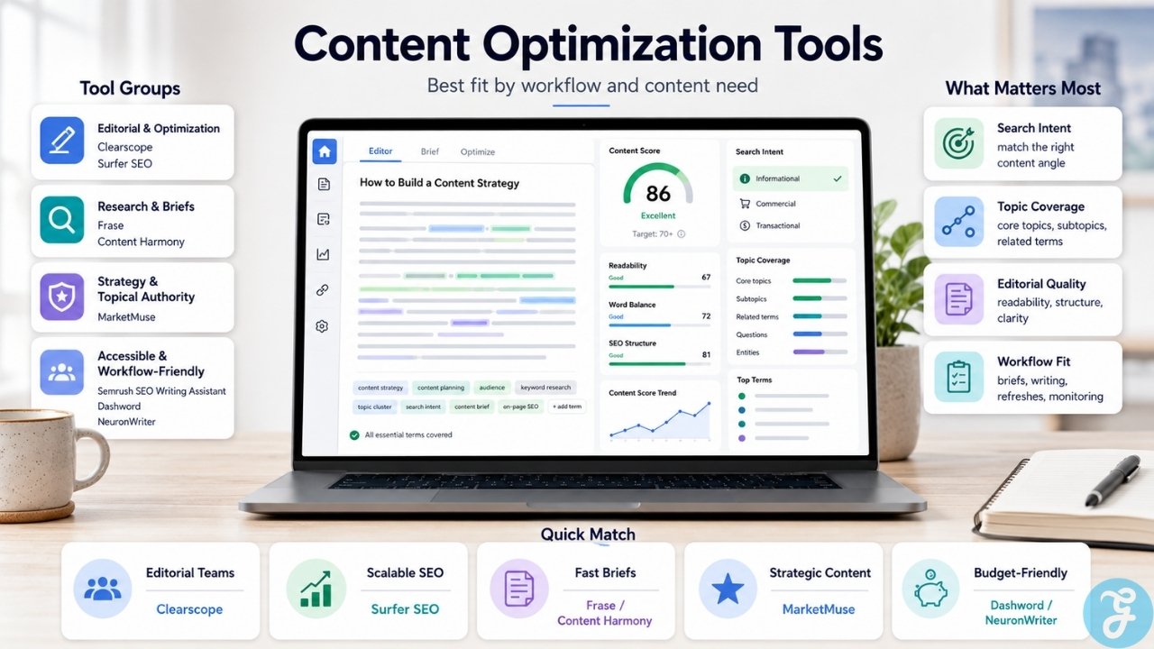 Infographic comparing the best content optimization tools by workflow, including editorial optimization, research briefs, topical authority, workflow fit, and budget-friendly tool options.