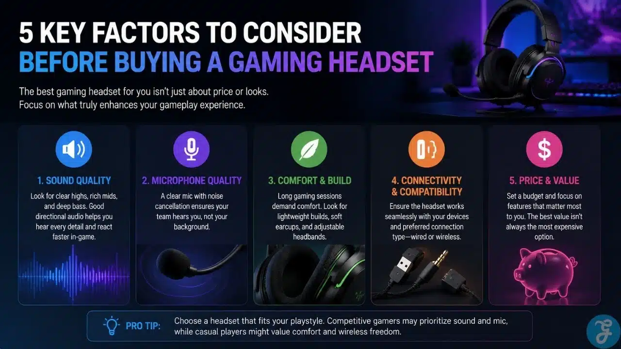 Modern infographic with 5 panels showing essential considerations for buying a gaming headset, including sound, mic, comfort, connectivity, and value, with vibrant icons and a dark gradient gaming-style background.