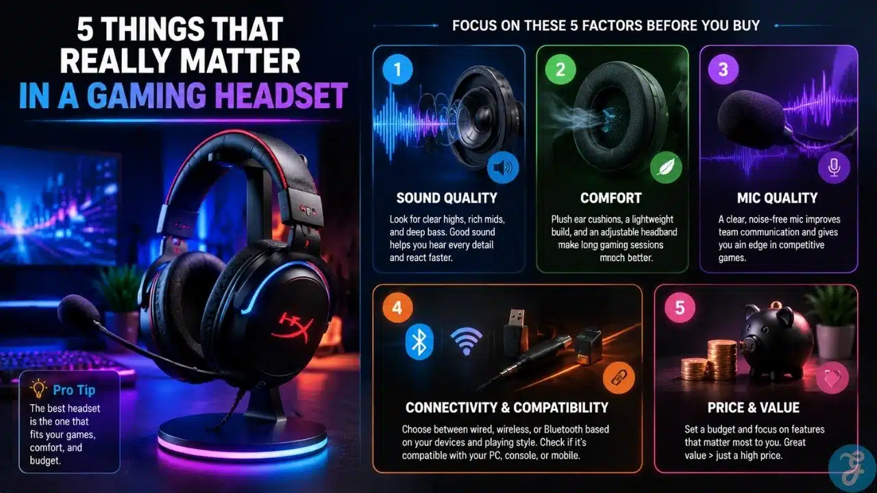 Sleek infographic highlighting 5 key factors for choosing a gaming headset, including sound quality, comfort, mic clarity, connectivity, and price, set against a dark neon gaming backdrop.