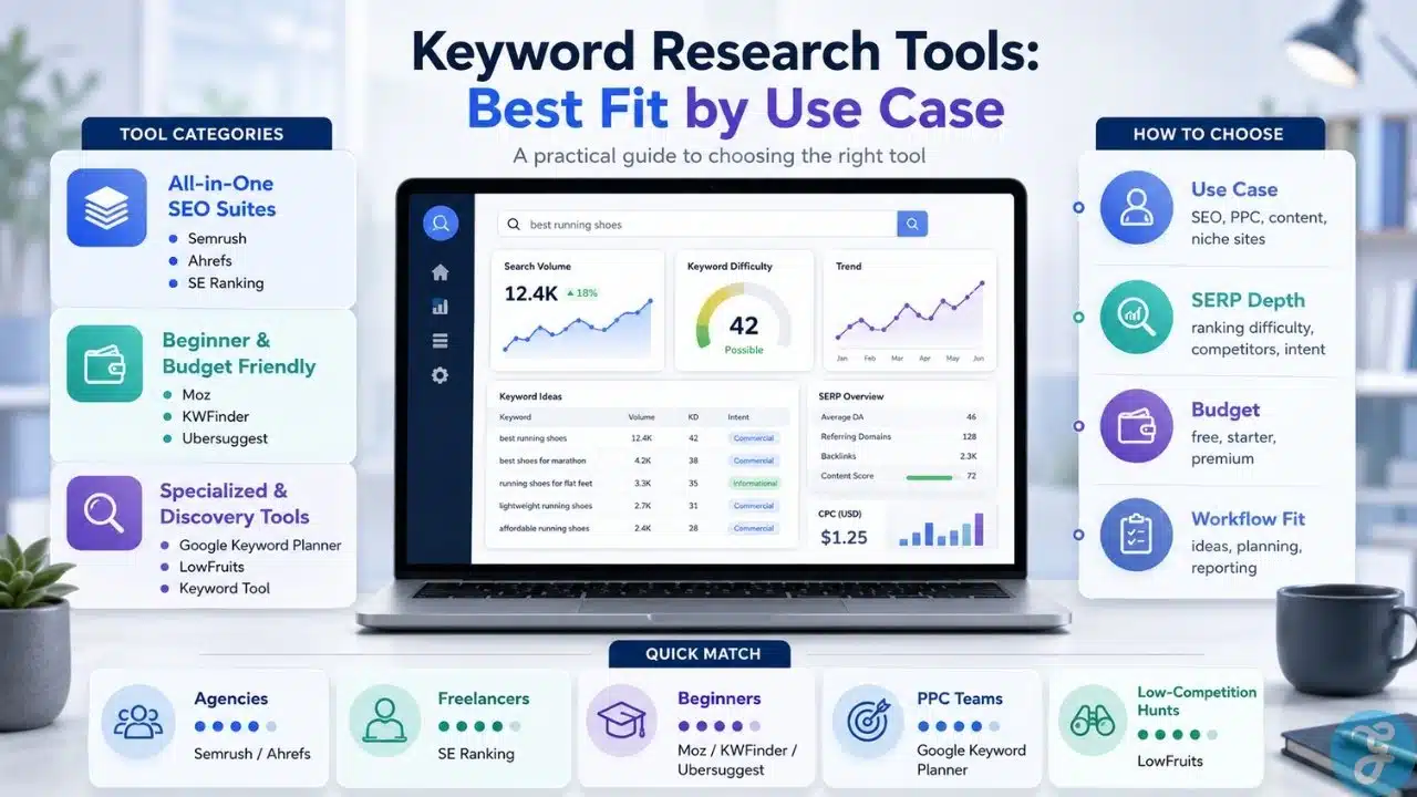 Infographic comparing the best keyword research tools by use case, including SEO suites, beginner tools, discovery tools, agency picks, PPC tools, and low-competition keyword options.