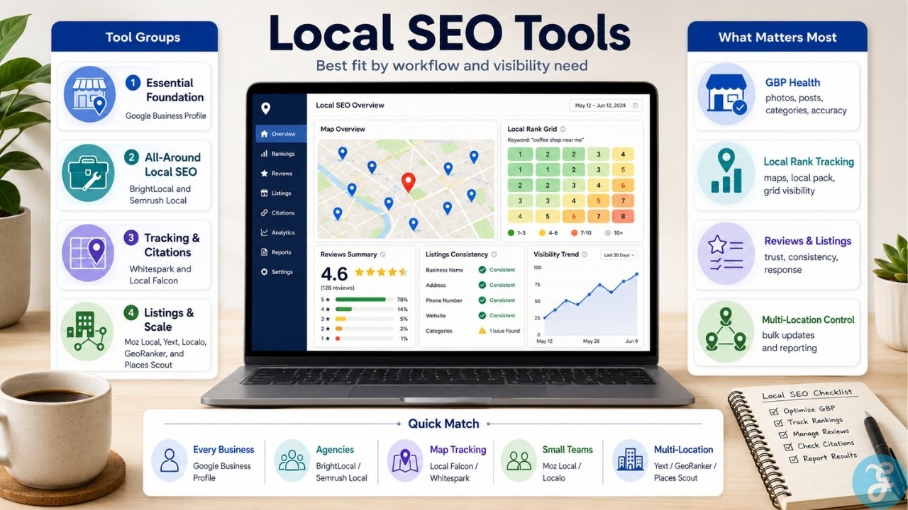 Infographic comparing the best local SEO tools by workflow, including Google Business Profile, local rank tracking, reviews, listings, citations, and multi-location management.