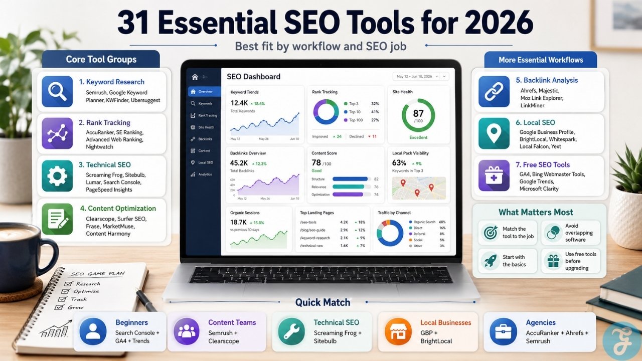 Infographic organizing the best SEO tools 2026 by workflow, including keyword research, rank tracking, technical SEO, content optimization, backlinks, local SEO, and free SEO tools.